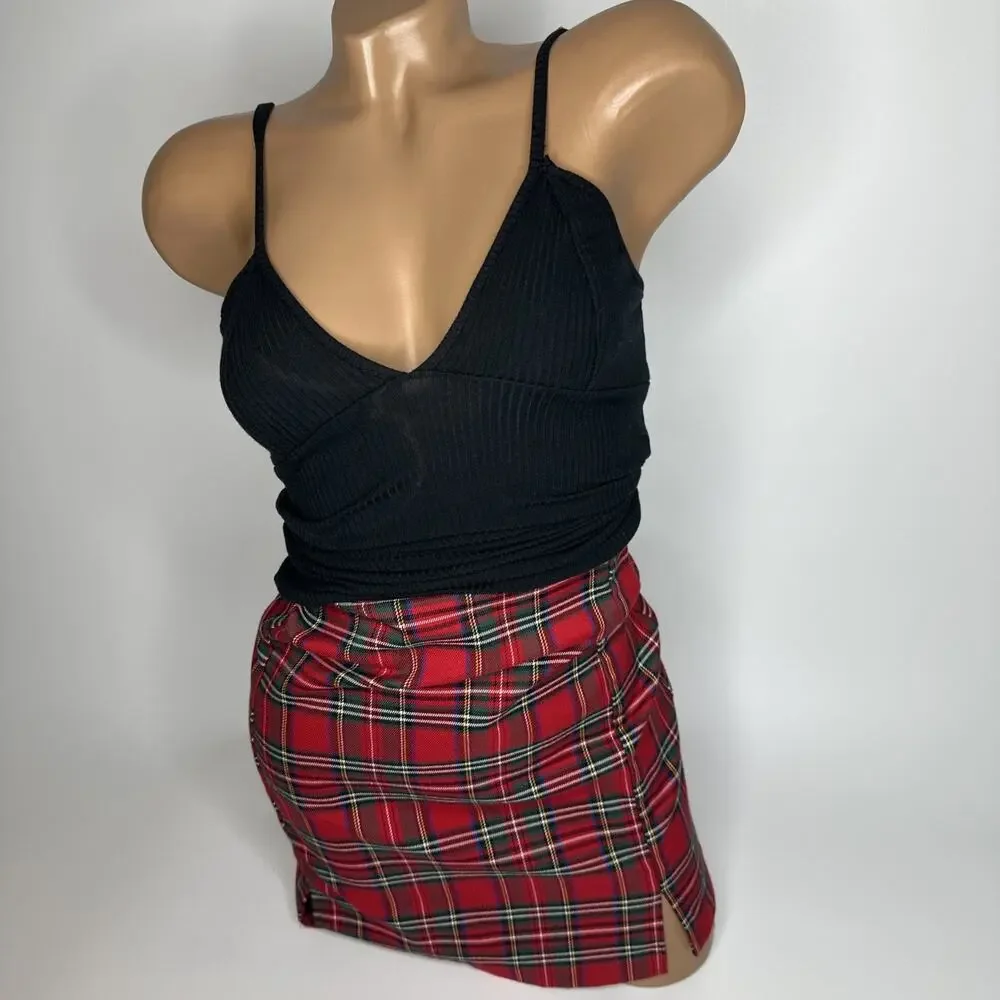 John Galt Red Plaid Mini Skirt Zip One Size Geek Preppy Academia EUC